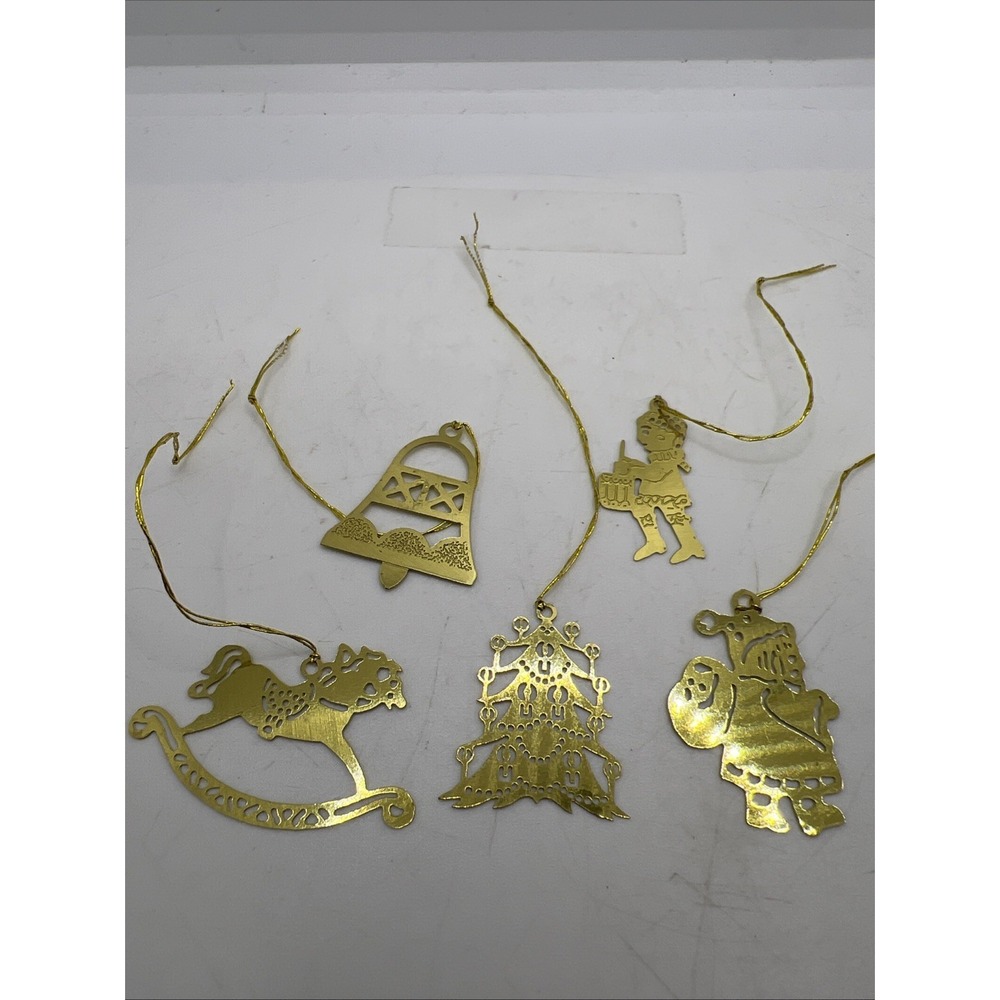Vintage Christmas Set Of 5 Brass Gold Tone Christmas Ornaments Decor Santa Bell
